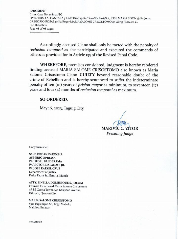 Isang sinasabing notoryus na miyembro ng CPP-NPA hinatulan ng guilty sa kasong rebelyon ng korte sa Taguig City