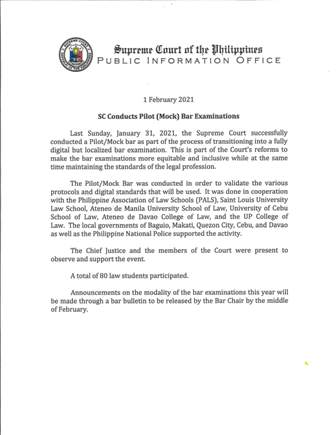SC Conducts Pilot (Mock) Bar Examinations