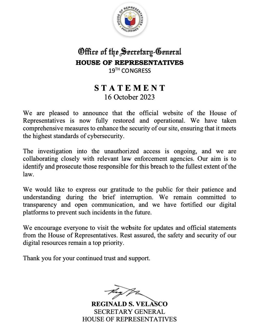 Stament of Reginald Velasco