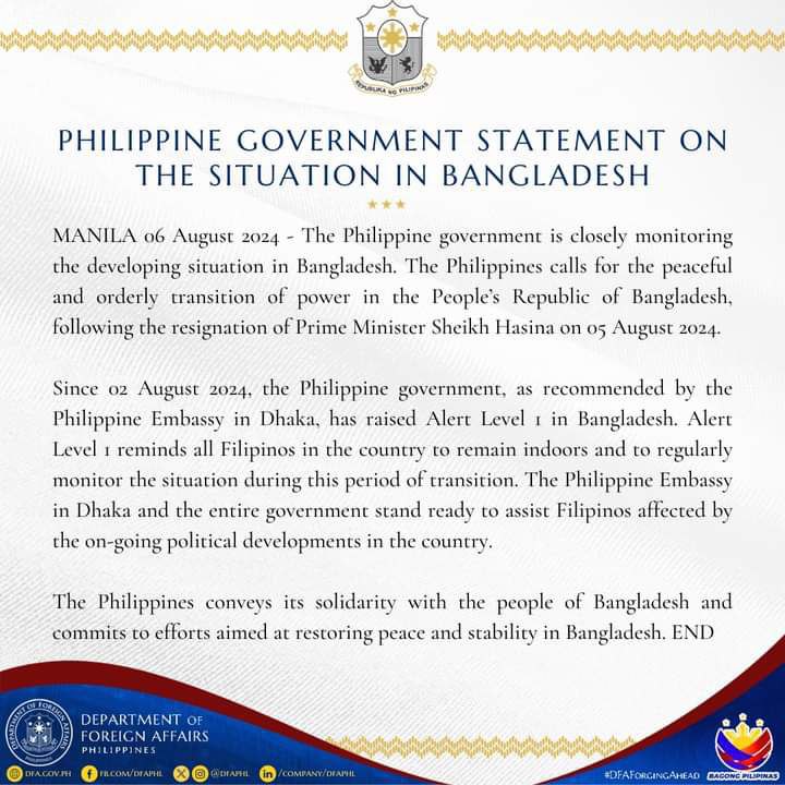 PH GOVERNMENT STATEMENT ON BANGLADESH SITUATION