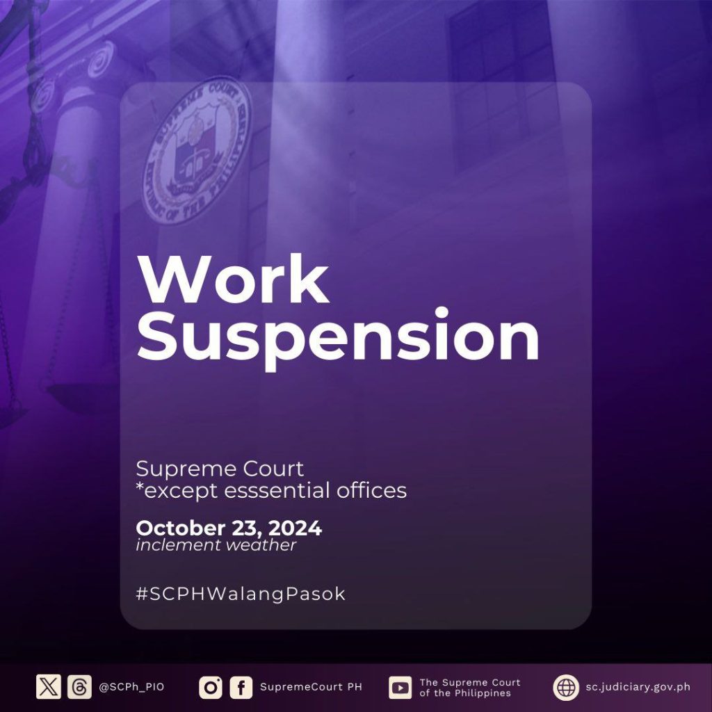 Pasok sa Korte Suprema at sa iba pang mga hukuman sa NCR at Luzon, suspendido dahil sa bagyong Kristine