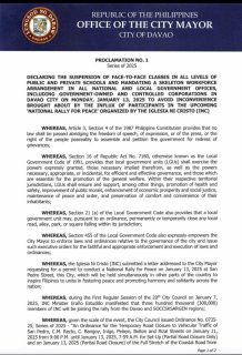 NO WORK AND CLASSES IN DAVAO