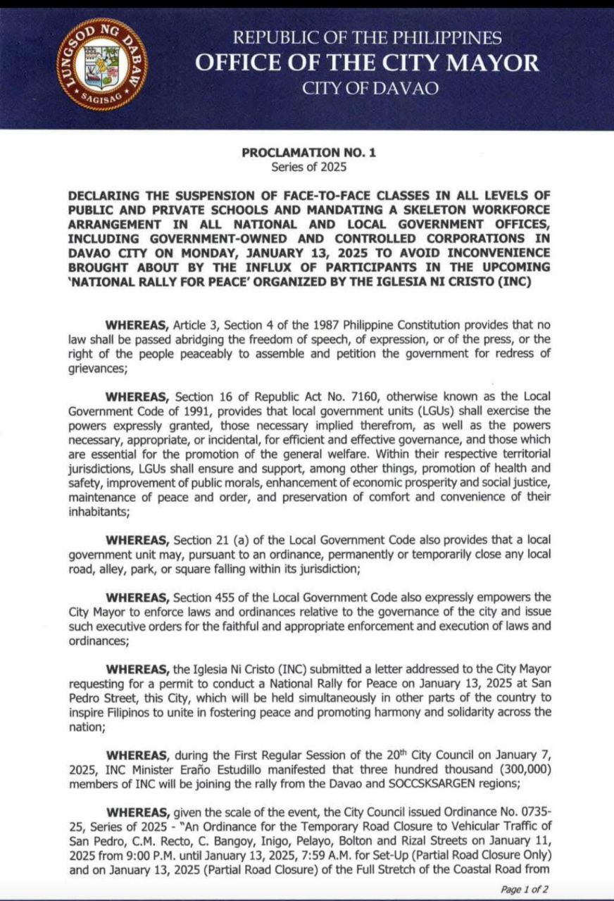 NO WORK AND CLASSES IN DAVAO