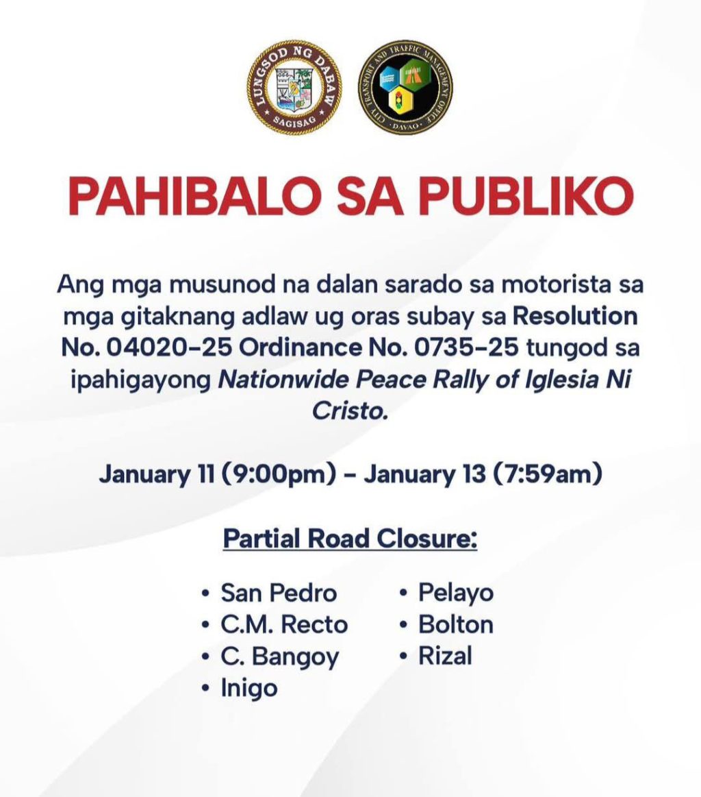 SARADONG KALSADA SA DAVAO CITY PARA SA JAN 13