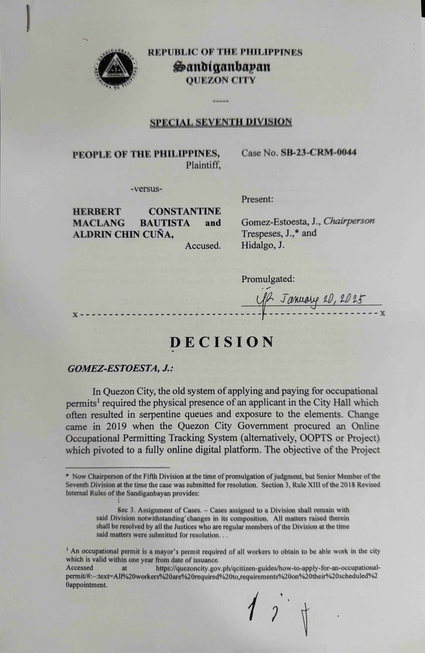 Dating QC Mayor Herbert Bautista at City Administrator Aldrin Cuña hinatulang makulong ng Sandiganbayan