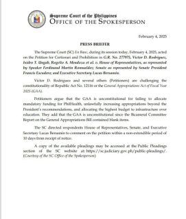 Korte Suprema inatasan ang Malacañang at dalawang kapulungan ng Kongreso na magkomento sa petisyon laban sa 2025 National Budget